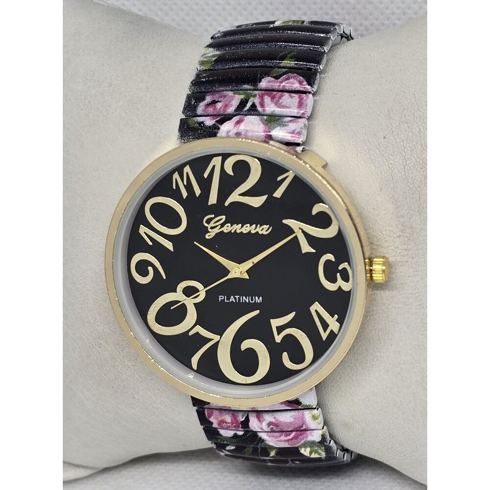 Women's Geneva Platinum Round Gold Tone Metal Floral Stretch Band Watch 13 - Picture 2 of 8